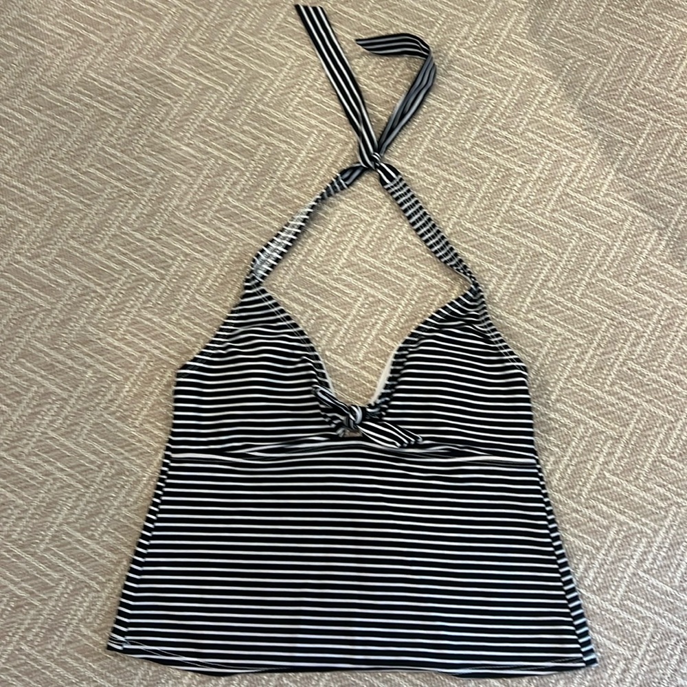 Liz Claiborne Swimsuit Tankini Top Black/White Stripe Size 8/10 Halter Style